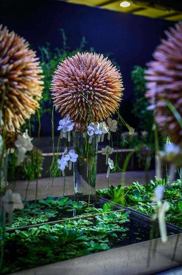 Florale Installation mit Distelkugeln